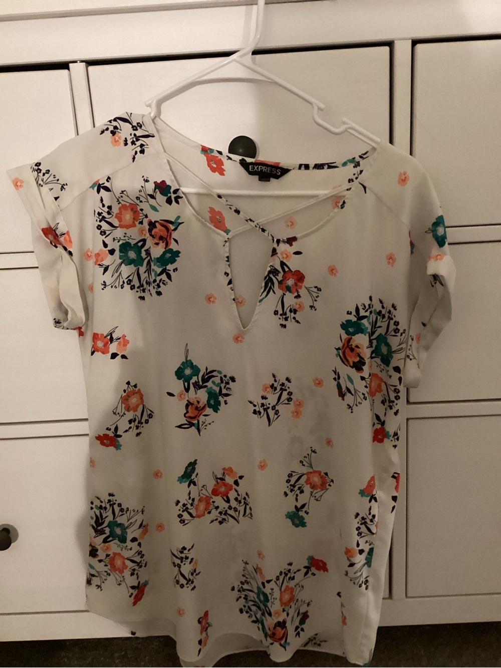 Express Floral Keyhole Short Sleeve Blouse in Cream with Teal & Coral